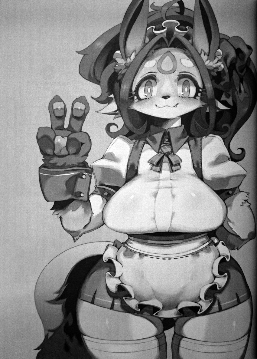 anthro big_breasts blush breasts clothed clothing female gesture hand_gesture kemono looking_at_viewer maid_uniform pawpads smile solo teeth uniform v_sign wide_hips rikose canid canine mammal hi_res monochrome