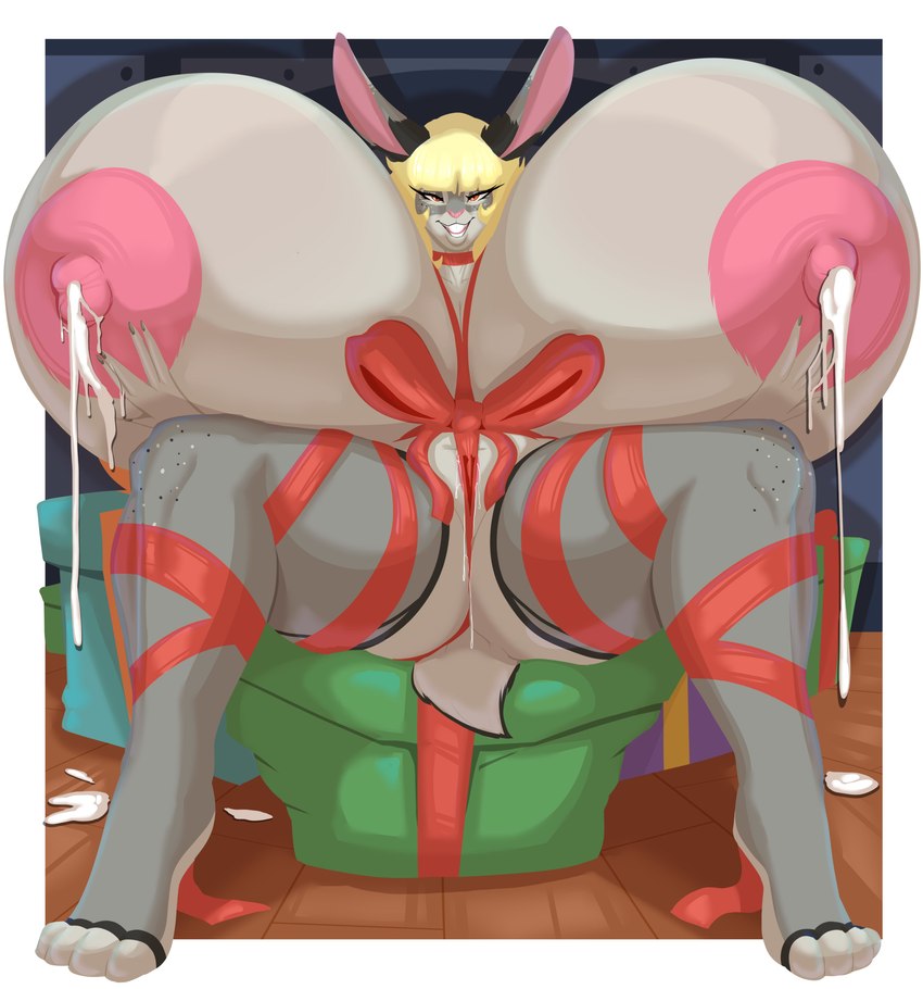 4_toes anthro big_breasts blonde_hair bodily_fluids breasts buckteeth camel_toe feet female fur genital_fluids genitals gift grey_body grey_fur hair huge_breasts hyper hyper_breasts lactating looking_at_viewer milk nipples pink_nipples pussy red_eyes ribbon_only ribbons solo spread_legs spreading teeth toes vaginal_fluids pillowymounds melacia_(retropony) lagomorph leporid mammal rabbit 2024 absurd_res hi_res