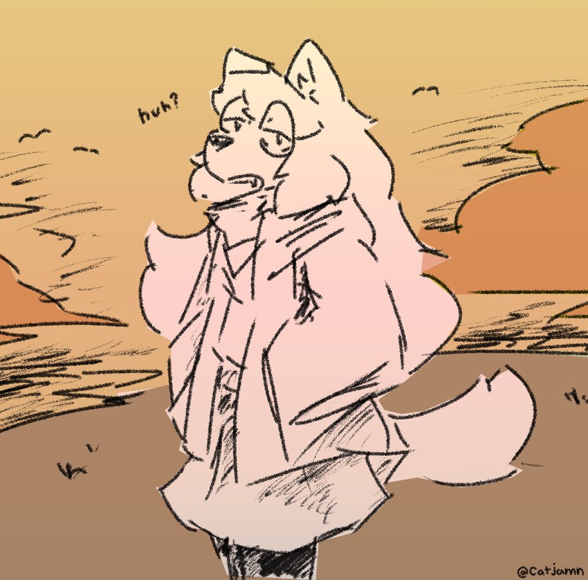 anthro bottomwear clothing cloud dialogue eyewear female glasses jacket scarf skirt solo topwear catjam_(artist) karina_(catjam) canid canine mammal sketch