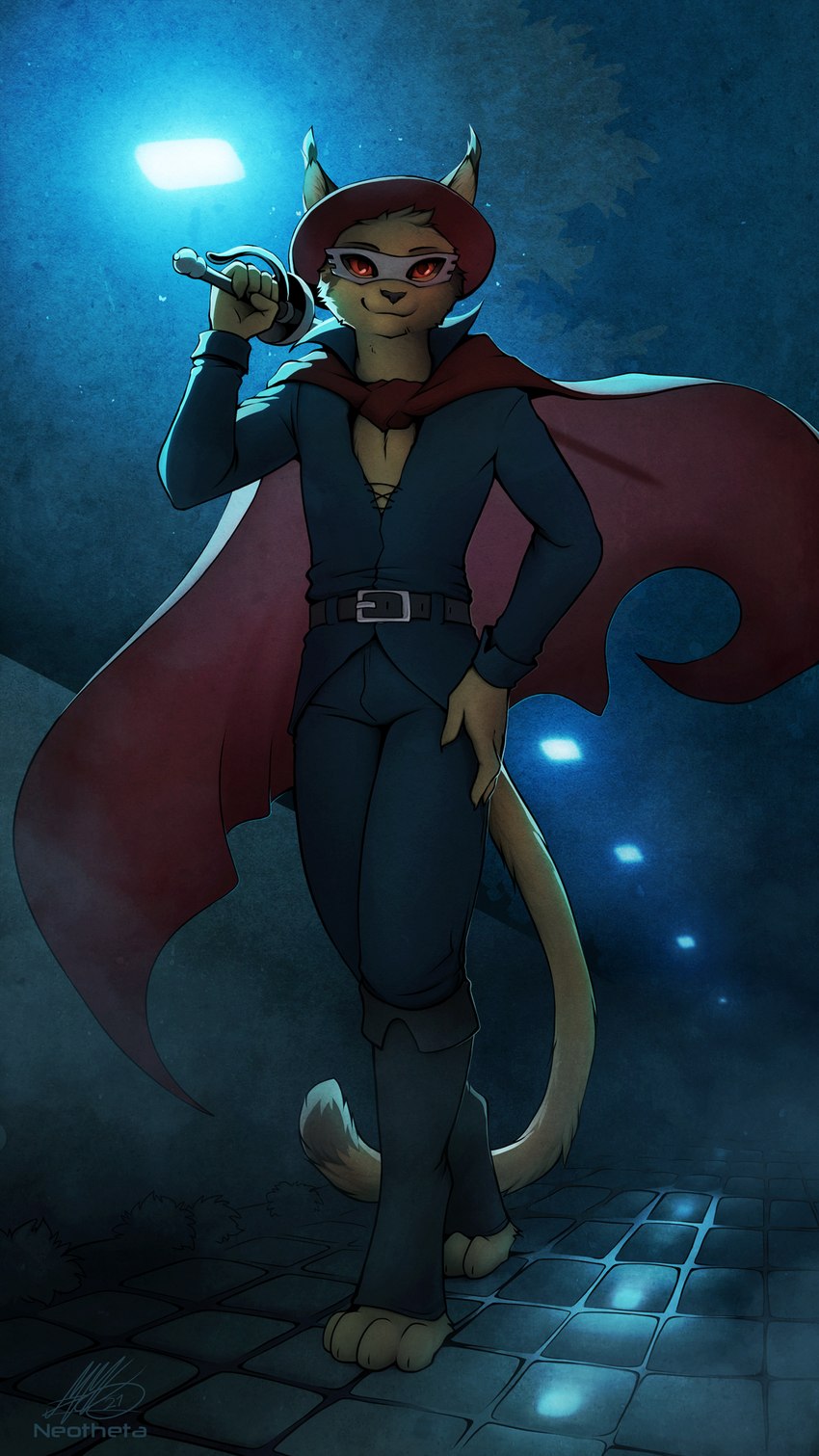 4_toes 5_fingers anthro cape clothing eyewear feet fingers glasses hat headgear headwear holding_melee_weapon holding_object holding_sword holding_weapon male melee_weapon smile solo sword tail toes weapon neotheta domestic_cat felid feline felis mammal 2021 9:16 digital_media_(artwork) hi_res