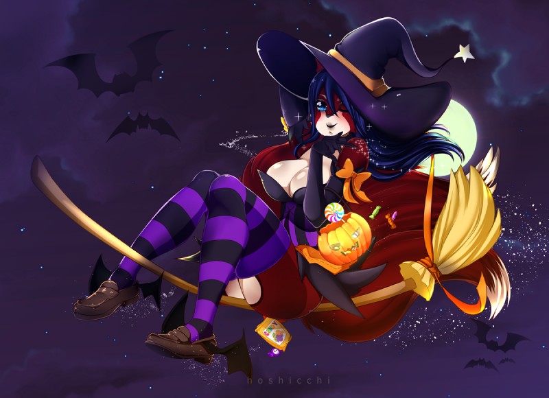 big_breasts breasts candy cleavage clothed clothing cloud dessert female food footwear fruit hat headgear headwear holidays legwear magic_user moon night plant pumpkin socks star stockings thigh_highs witch hoshicchi halloween yumiki bat canid canine fox mammal digital_media_(artwork) shaded