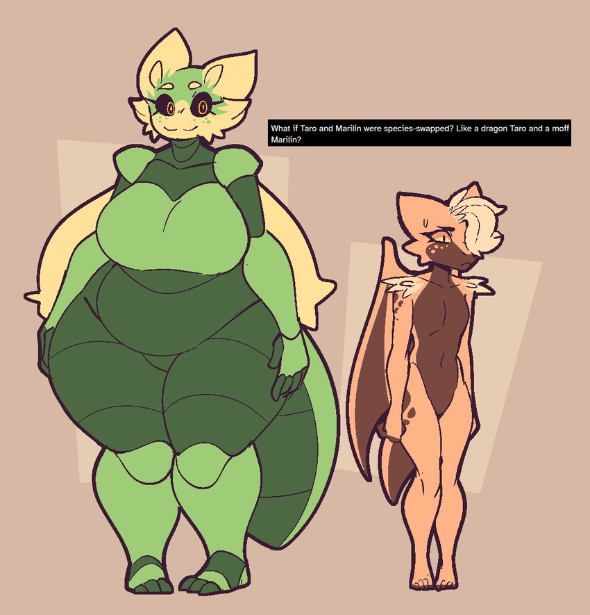 anthro belly big_belly big_breasts biped black_sclera breasts brown_body brown_scales brown_tail brown_wings duo eyelashes female fur green_arthropod_abdomen green_body green_scales green_tail hair huge_hips huge_thighs multicolored_body multicolored_scales non-mammal_breasts scales slightly_chubby smile tail tan_body tan_hair tan_scales tan_tail tan_wings text thick_thighs two_tone_arthropod_abdomen two_tone_body two_tone_scales two_tone_tail voluptuous_anthro voluptuous_female wide_hips wings yellow_body yellow_ears yellow_fur yellow_wings conditional_dnp welwraith mythology marilin_(welwraith) taro_(welwraith) arthropod dragon insect lepidopteran moth mythological_creature mythological_scalie scalie 2024 digital_drawing_(artwork) digital_media_(artwork) english_text