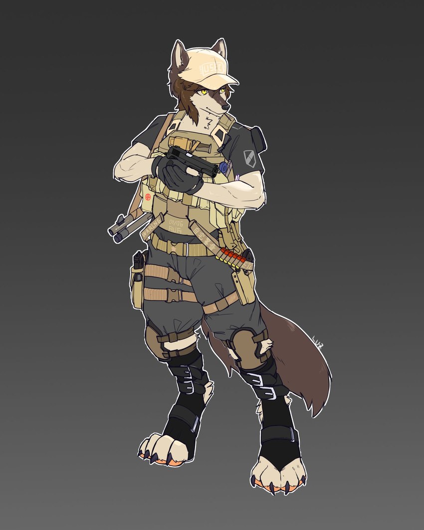 army_uniform gun male ranged_weapon solo weapon chinya canid canine canis mammal wolf hi_res