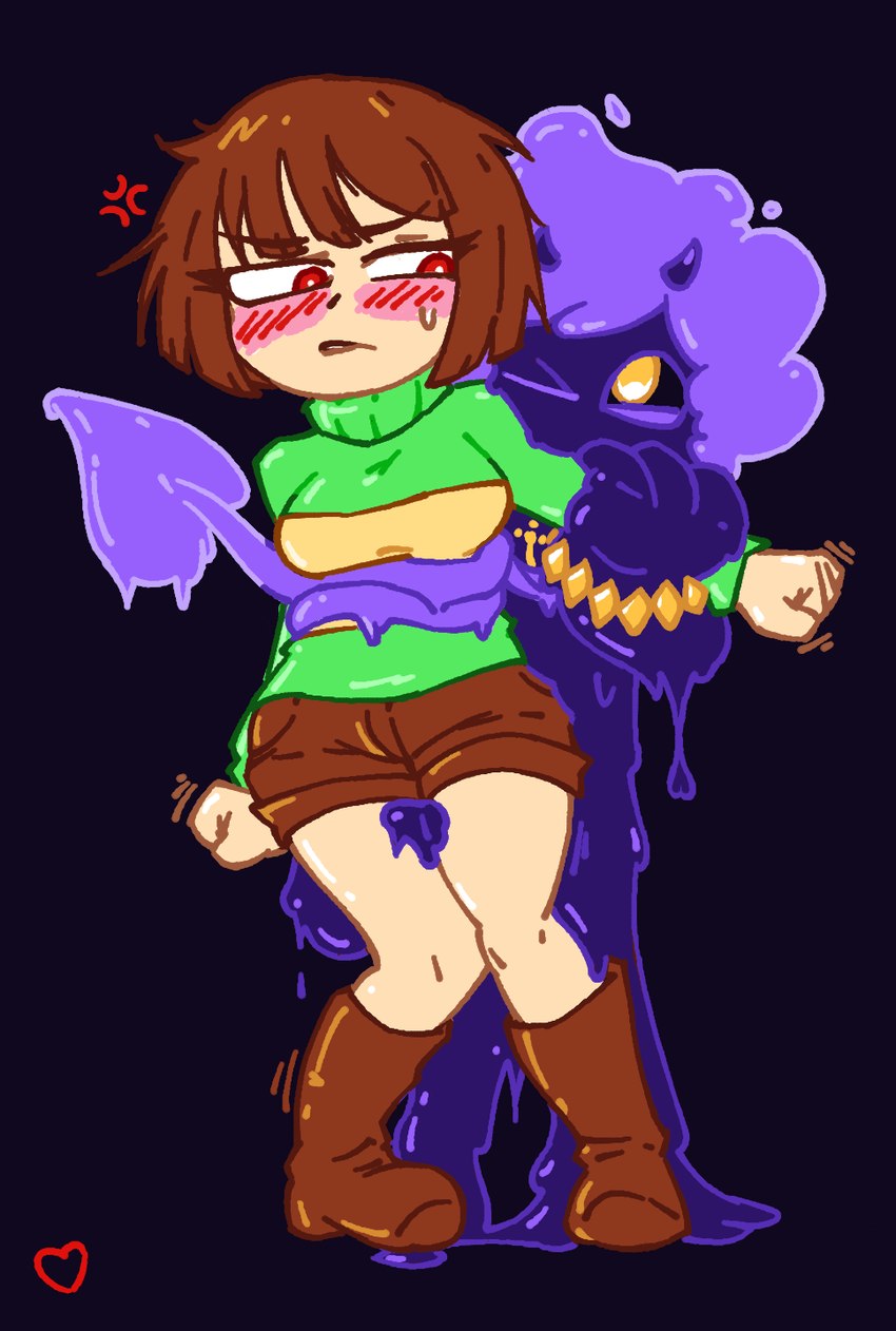 blush boots bottomwear breasts clothing dripping female footwear goo_hair male male/female monster_girl_(genre) pseudo_hair purple_body questionable_consent red_eyes restrained shoes shorts slime struggling sweater tail thighs_together topwear yellow_eyes heartear18 wakingslime undertale undertale_(series) chara_(undertale) goo_creature goo_humanoid human humanoid mammal hi_res