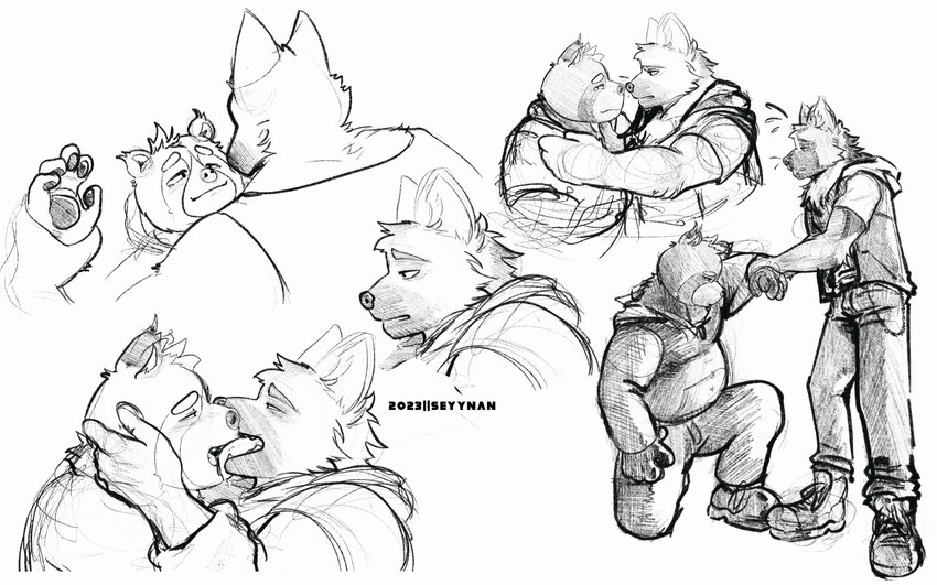 angst anthro anxiety barazoku bed belly biceps body_hair chest_hair chest_tuft clothing duo ear_tuft eyebrows facial_hair facial_tuft fist french_kissing fur furniture goatee hoodie kissing male male/male male_focus mohawk musclegut muscular pawpads paws pecs profile scales simple_background slightly_chubby slightly_chubby_male snout sweater thick_eyebrows tongue tongue_out topwear tuft ventral_scales white_background seyy_nsfw cedric_sherman_(seyynan) hector_collin_(seyynan) canid canine canis domestic_dog german_shepherd herding_dog mammal pastoral_dog raccoon_dog tanuki hi_res watermark