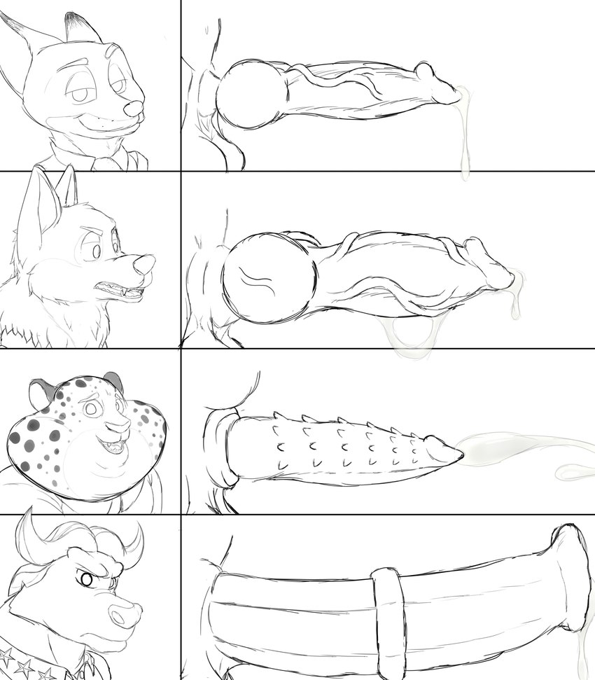 anatomically_correct anatomically_correct_genitalia anatomically_correct_penis animal_genitalia animal_penis anthro balls big_cheeks big_penis bodily_fluids canine_genitalia canine_penis chart chubby_cheeks cum cum_drip cumshot dripping ejaculation equine_genitalia equine_penis erection feline_genitalia feline_penis genital_fluids genitals group knot male medial_ring penile_spines penis penis_chart sheath vein veiny_penis sir_cums_a_lot disney penis_lineup zootopia benjamin_clawhauser chief_bogo gary_(zootopia) nick_wilde bovid bovine canid canine canis cape_buffalo cheetah felid feline fox mammal red_fox true_fox wolf absurd_res black_and_white hi_res line_art monochrome sketch