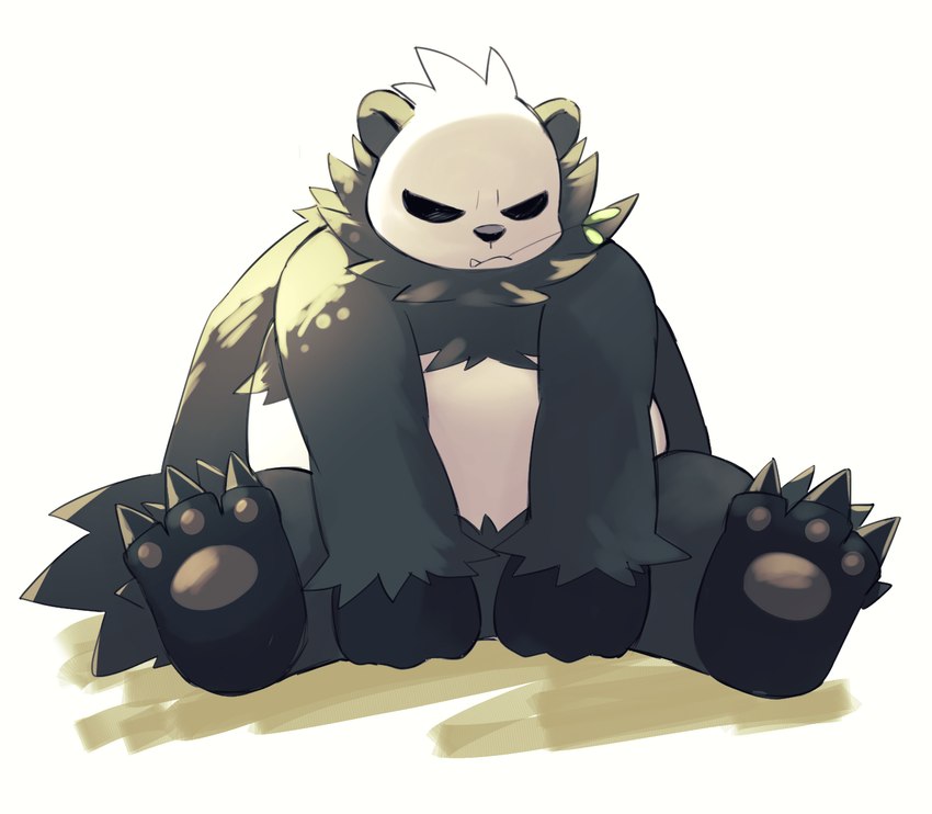 anthro biped black_body black_nose cute_fangs fangs feet kemono overweight simple_background sitting solo teeth white_body kinoshita-jiroh nintendo pokemon generation_6_pokemon pangoro pokemon_(species) 2023 hi_res