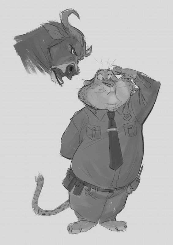 anthro badge barefoot belt clothed clothing duo feet gesture grey_background horn male necktie police police_uniform salute simple_background standing uniform utility_belt whiskers monoflax disney zootopia benjamin_clawhauser chief_bogo bovid bovine cape_buffalo cheetah felid feline mammal 2018 absurd_res greyscale hi_res monochrome