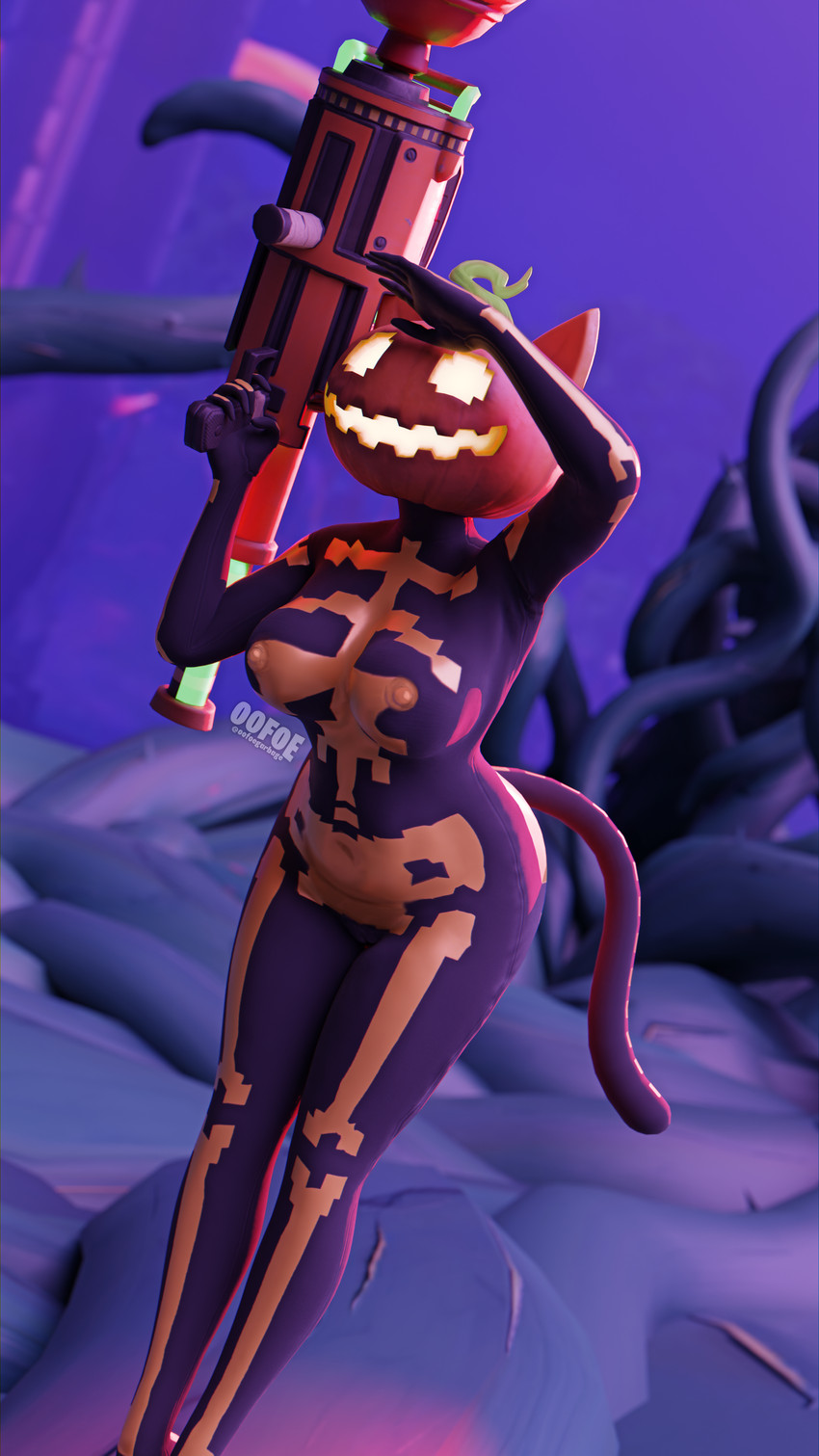 female for_a_head markings nude outside pumpkin_head ranged_weapon rocket_launcher skeleton_(marking) solo standing weapon oofoe epic_games fortnite spice_(fortnite) felid feline humanoid mammal object_head 3d_(artwork) 4k 9:16 absurd_res blender_(artwork) blender_cycles_(artwork) digital_media_(artwork) hi_res