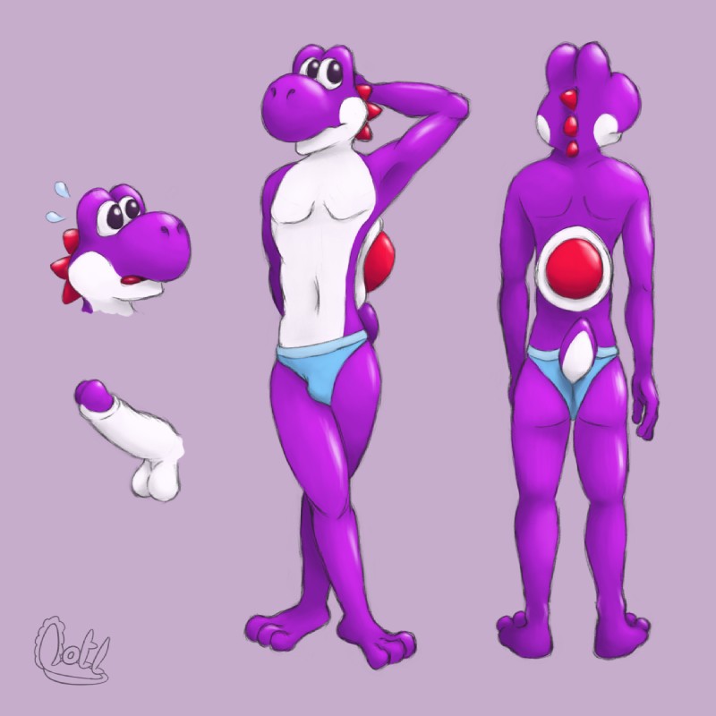 anthro anthrofied balls briefs butt clothed clothing crossed_legs erection foreskin genitals hand_behind_head humanoid_genitalia humanoid_penis male penis raised_arm solo standing topless underwear lewd_lotl mario_bros nintendo dinosaur prehistoric_species purple_yoshi reptile scalie yoshi 1:1 2020 digital_media_(artwork) hi_res multiple_images sketch