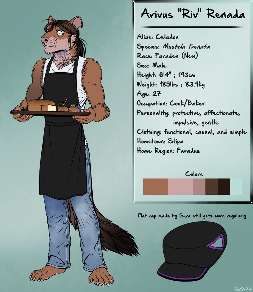 anthro apron biped bottomwear bread claws clothed clothing denim denim_bottomwear denim_clothing ear_piercing fluffy food fully_clothed fur hat headgear headwear jeans looking_at_viewer male pants piercing smile solo text topwear conditional_dnp ratte legacy_(ratte) riv_(ratte) faraden long-tailed_weasel mammal mustelid musteline new_faraden true_musteline weasel 2022 digital_media_(artwork) english_text hi_res model_sheet signature