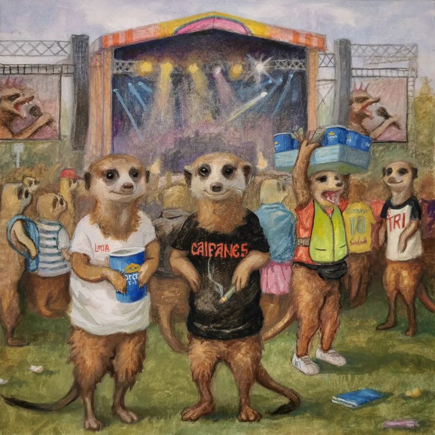 alcohol backpack beer beverage biped brown_body brown_fur clothing concert day detailed_background electronics feral fur group microphone music_festival outside shirt smoking topwear joaquincarre herpestid mammal meerkat 1:1 2023 gouache_(artwork) hi_res painting_(artwork) shaded traditional_media_(artwork)