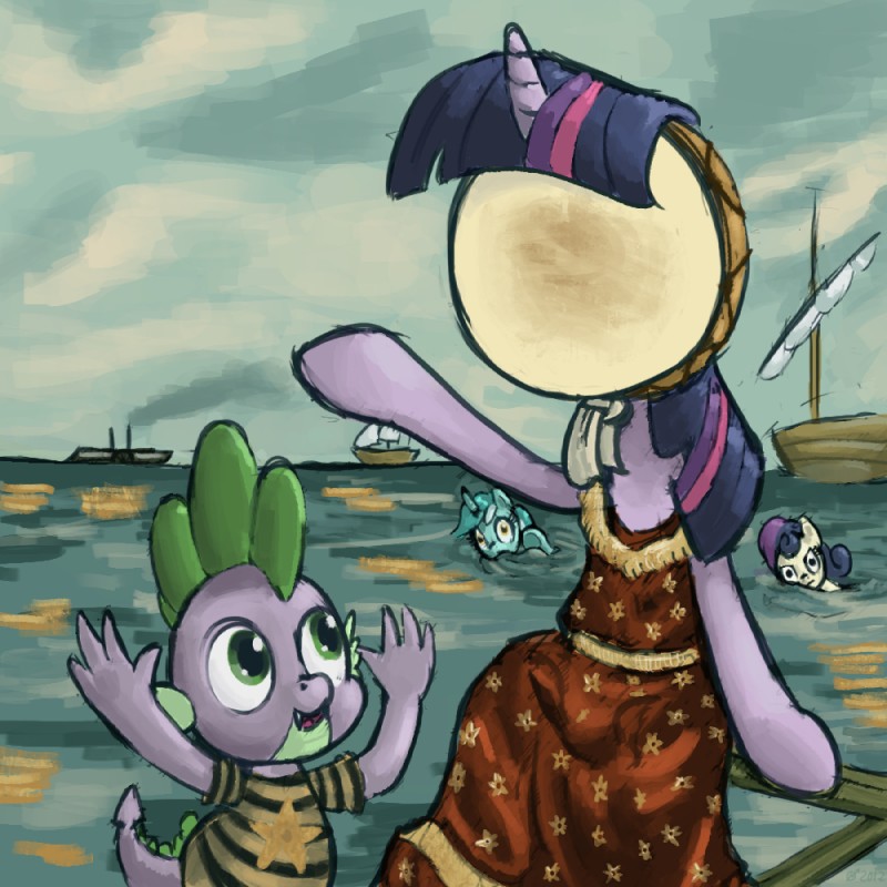 anthro boat clothing dress drumhead green_eyes group horn painting shirt star swimming t-shirt tail topwear vehicle watercraft what derkrazykraut friendship_is_magic hasbro in_the_aeroplane_over_the_sea_(album) my_little_pony mythology neutral_milk_hotel bonbon_(mlp) lyra_heartstrings_(mlp) spike_(mlp) twilight_sparkle_(mlp) dragon equid equine horse mammal mythological_creature mythological_equine mythological_scalie pony scalie unicorn 1:1 2012 album_cover cover