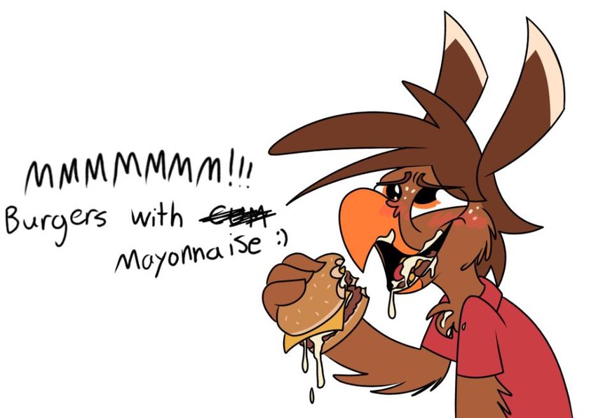 ahegao anthro beak blush bodily_fluids brown_body brown_feathers burger cheek_tuft chest_tuft clothed clothing cum cum_in_mouth cum_inside cum_on_food cum_on_tongue eating facial_tuft feather_hair feather_hands feathered_wings feathers food food_fetish food_play freckles genital_fluids holding_food holding_object looking_pleasured male orange_eyes pseudo_hair shirt simple_background solo text tongue tongue_out topwear tuft white_background wings piemations pretzel_(piemations) avian bird 2019 english_text