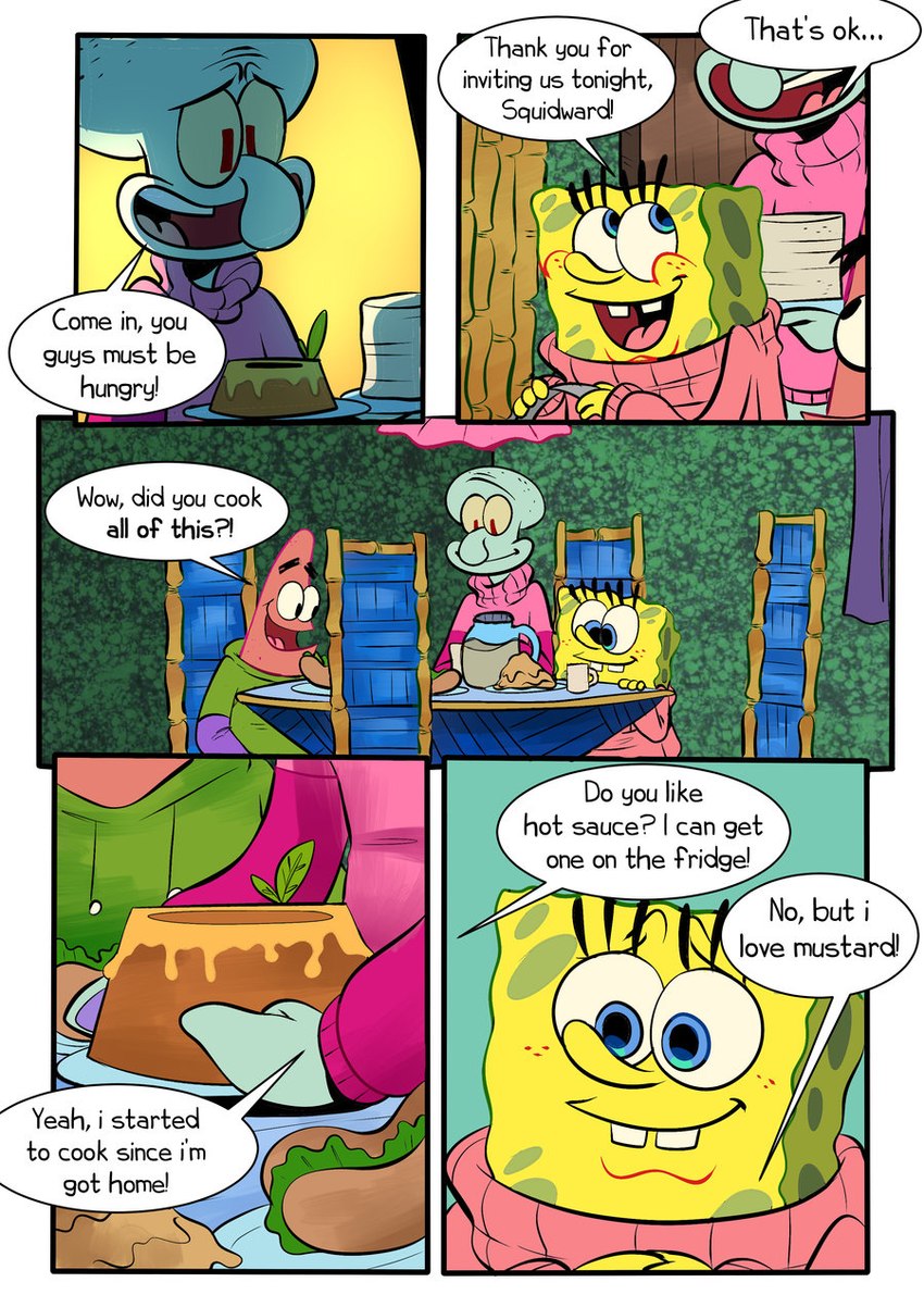 alternate_costume anthro base_three_layout blockage_(layout) clothed clothing detailed_background dialogue five_frame_image food group hoodie horizontal_blockage male on_model smile speech_bubble sweater text three_row_layout toony topwear trio pancaketiffy nickelodeon spongebob_squarepants patrick_star spongebob_squarepants_(character) squidward_tentacles asterozoan cephalopod coleoid echinoderm marine mollusk octopodiform octopus sea_sponge starfish comic english_text hi_res