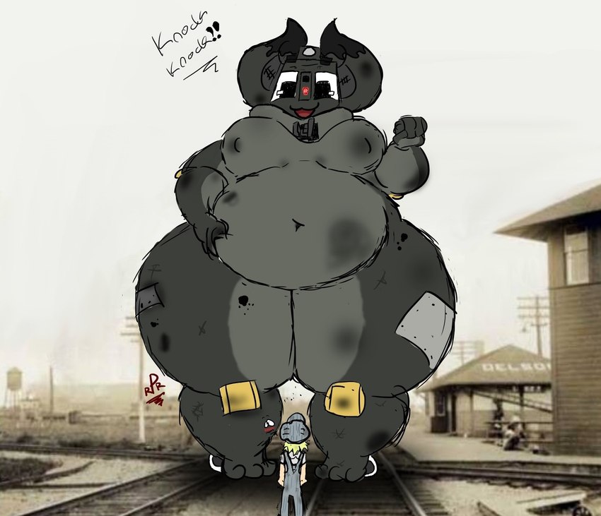 anthro belly belly_grab big_belly big_breasts big_ears breasts duo embarrassed engineer_cap female hand_on_own_belly huge_belly machine macro male male/female nipples non-mammal_nipples not_furry obese obese_female overweight overweight_female railway_track size_difference smile teasing text thick_neck thick_thighs train vehicle wide_hips pennsy mythology penelope_(pennsy) dragon human humanoid living_machine living_train living_vehicle locomorph mammal mythological_creature mythological_scalie scalie engineer_(disambiguation) hi_res