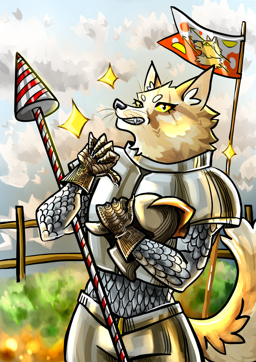 anthro armor banderole card chain field flag flag_(object) fluffy fur headgear helmet holding_armor holding_headgear holding_helmet holding_object knight male metal pose solo sparkles sparkling_character star warrior yellow_body yellow_fur fennefox canid canine corsac_fox fox mammal true_fox absurd_res half-length_portrait hi_res portrait