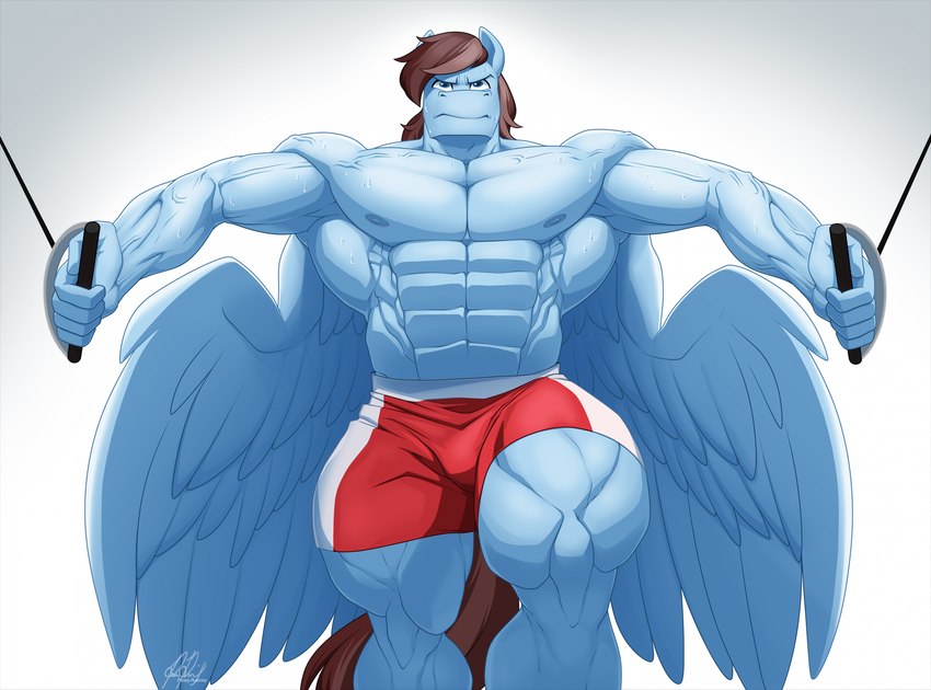 abs abstract_background anthro anthrofied athletic athletic_anthro athletic_male biceps big_muscles blue_body blue_eyes blue_fur bodily_fluids bottomwear brown_hair brown_tail cable clothed clothing exercise feathered_wings feathers fingers fur gym hair hooves huge_muscles male midriff muscular muscular_anthro muscular_male partial_nudity pecs shorts simple_background solo sweat tail topless topless_anthro topless_male underwear unguligrade v-cut vein veiny_muscles weightlifting weights wings workout workout_clothing ponyanony hasbro my_little_pony mythology calm_wind_(oc) fan_character equid equine mammal mythological_creature mythological_equine pegasus digital_drawing_(artwork) digital_media_(artwork) hi_res signature