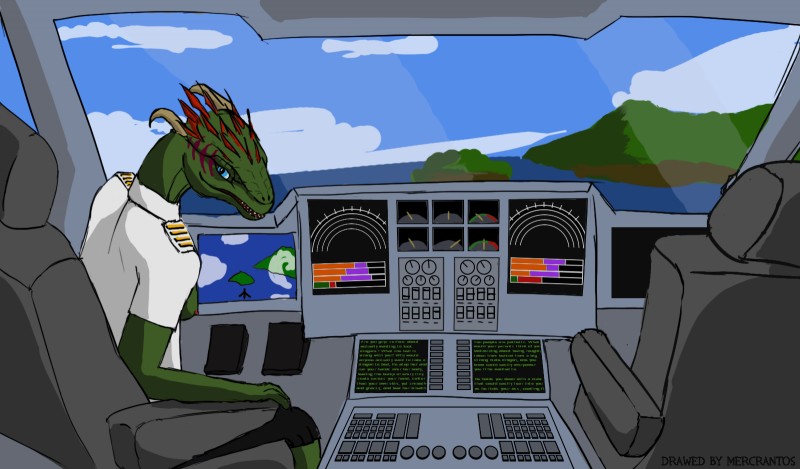 aircraft airplane anthro breasts clothing cockpit feathers female horn nipples non-mammal_breasts screen solo uniform vehicle mercrantos microsoft the_elder_scrolls argonian scalie hi_res