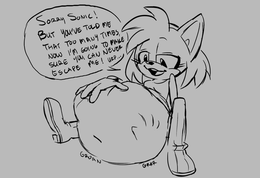 abdominal_bulge anthro belly big_belly breasts burping clothed_female clothing dialogue duo female female_pred fully_inside hand_on_belly male male/female male_prey navel open_mouth oral_vore same_size_vore speech_bubble vore gothmeup sega sonic_the_hedgehog_(series) amy_rose sonic_the_hedgehog eulipotyphlan hedgehog mammal hi_res monochrome