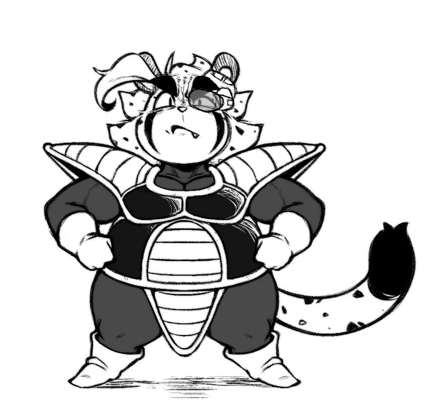 anthro armor clothing fur gloves half-closed_eyes handwear male markings narrowed_eyes scouter short_stack slightly_chubby slightly_chubby_anthro slightly_chubby_male solo spots spotted_body spotted_fur xingscourge dragon_ball dragon_ball_z xing_the_cheetah cheetah felid feline mammal 2023 monochrome