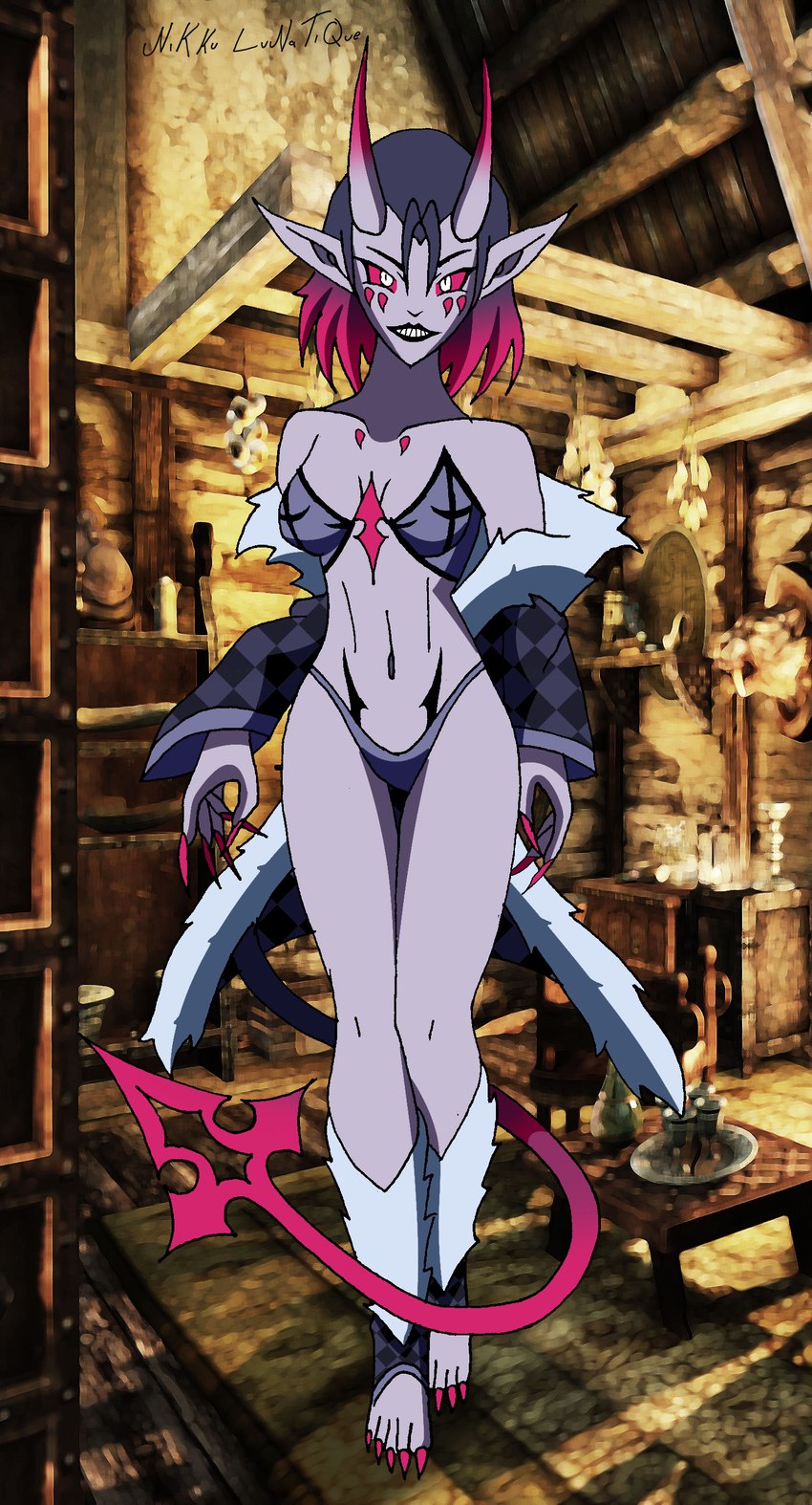 barefoot black_hair bra claws clothed clothing coat feet female hair horn humanoid_feet humanoid_pointy_ears long_claws looking_at_viewer markings not_furry panties pink_claws pink_hair plantigrade pointy_ears purple_body purple_skin solo topwear underwear nikku_lunatique fandeltales herzha demon horned_humanoid humanoid absurd_res hi_res