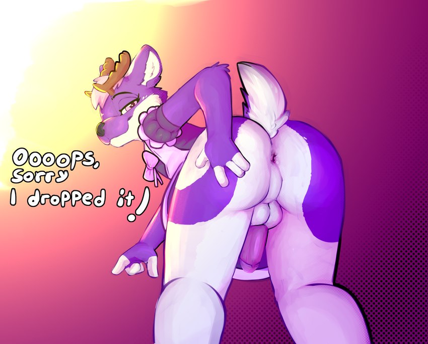 anthro anus balls butt clothing erection femboy genitals hair half-closed_eyes maid_uniform male narrowed_eyes penis pose presenting presenting_hindquarters purple_hair short_hair solo spread_legs spreading text uniform uvfox fan_character deer mammal absurd_res english_text hi_res pinup