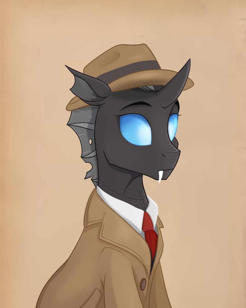 black_body blue_eyes clothed clothed_feral clothing fangs feral grey_mane hat headgear headwear horn male mane simple_background solo teeth trilby rutkotka friendship_is_magic hasbro my_little_pony closed_case_(iamtrulytired) fan_character arthropod changeling hi_res