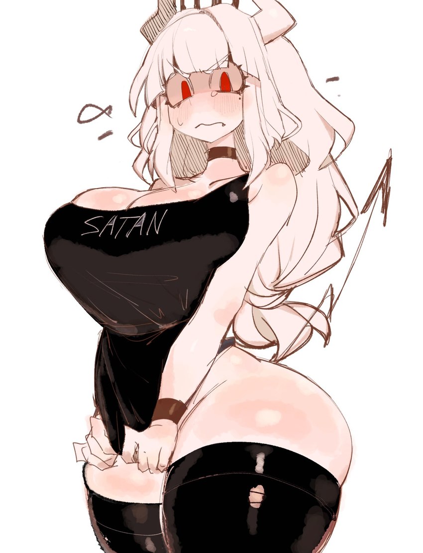 anthro apron apron_only big_breasts blush breasts clothing embarrassed female leggings legwear looking_at_viewer solo thick_thighs wide_hips usa37107692 helltaker goat_lucifer_(helltaker) bovid caprine goat mammal hi_res