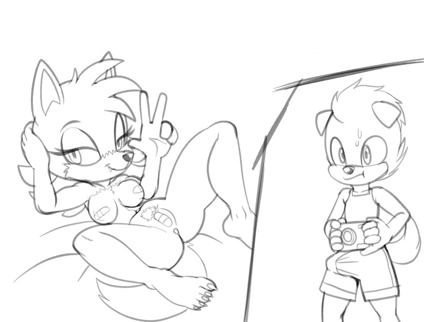 band-aid band-aid_on_genitals band-aid_on_nipple band-aid_on_pussy bandage breasts clothed clothing duo erection erection_under_clothing female male pubes spread_legs spreading taking_picture fourssss sega sonic_the_hedgehog_(series) artie_the_dog ellie_the_wolf canid canine canis domestic_dog mammal wolf 2024 hi_res monochrome brother_(lore) brother_and_sister_(lore) sibling_(lore) sister_(lore)