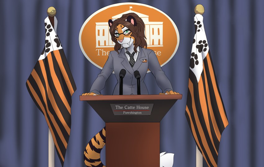 anthro brown_hair clothed clothing countershading eyewear fangs female flag fur glasses green_eyes hair lectern looking_at_viewer male necktie ponytail president solo striped_body striped_fur stripes suit teeth white_house jailbird alex_marx felid mammal pantherine prehistoric_species saber-toothed_tiger tiger 2024 absurd_res digital_media_(artwork) hi_res