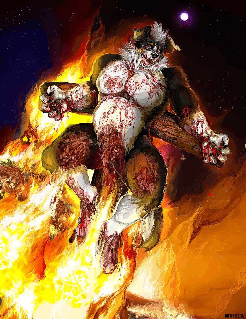 anthro barazoku bodily_fluids burning burning_alive burns crucifixion crying death disembowelment dying execution exposed_muscle exposed_organs fire gore gore_focus male male_anthro moon musclegut muscular night pain sky solo stake star starry_sky suffering tears tears_of_pain jeffusherb canid canine canis domestic_dog mammal 2023 digital_drawing_(artwork) digital_media_(artwork) hi_res