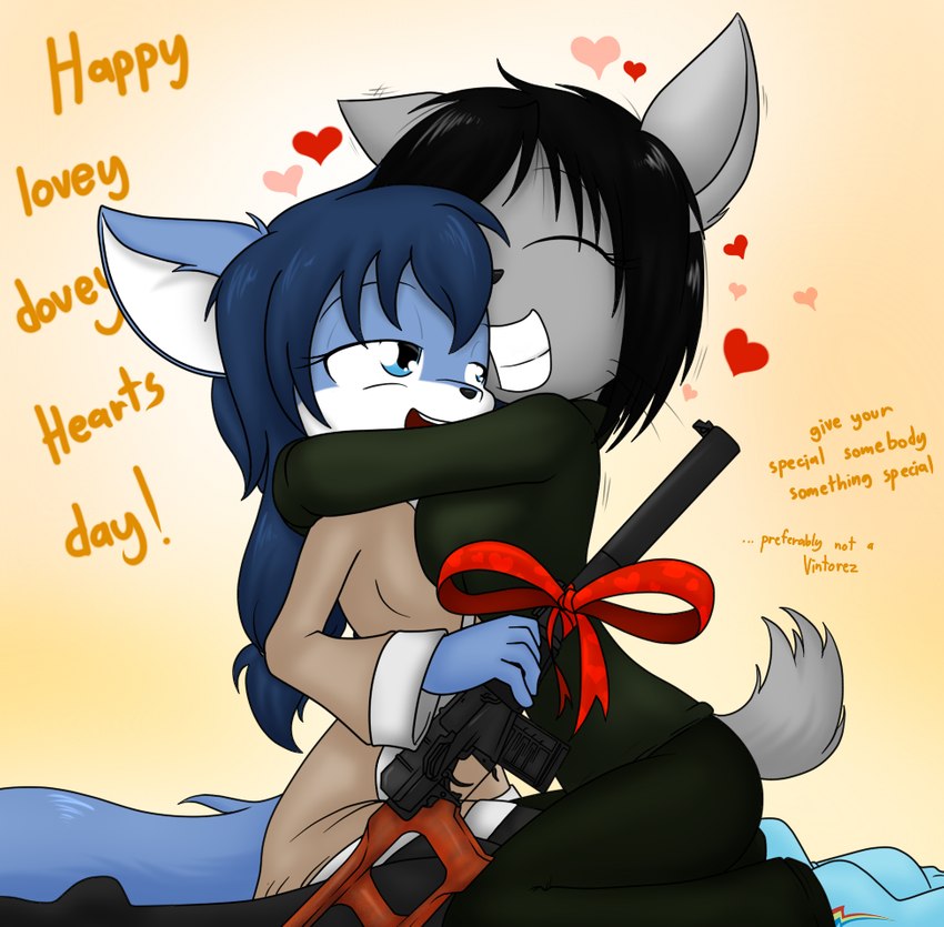 anthro big_breasts black_hair blue_body blue_eyes blue_fur blue_hair bodysuit bow_ribbon breasts clothing duo eyelashes eyes_closed female fingers fur gift gift_bow grey_body grey_fur gun hair heart_pattern heart_print heart_symbol hearts_around_body hearts_around_head holding_gift holding_object holding_weapon hug multicolored_body multicolored_fur pattern_bow print_bow ranged_weapon ribbons simple_background sitting skinsuit smile teeth text tight_clothing vss_vintorez weapon whiskers white_body white_fur yellow_background sandwich-anomaly faith_(icirculate-sound) vanessa_(sandwich-anomaly) canid canine canis domestic_cat domestic_dog felid feline felis husky mammal nordic_sled_dog spitz 2017 digital_media_(artwork) english_text