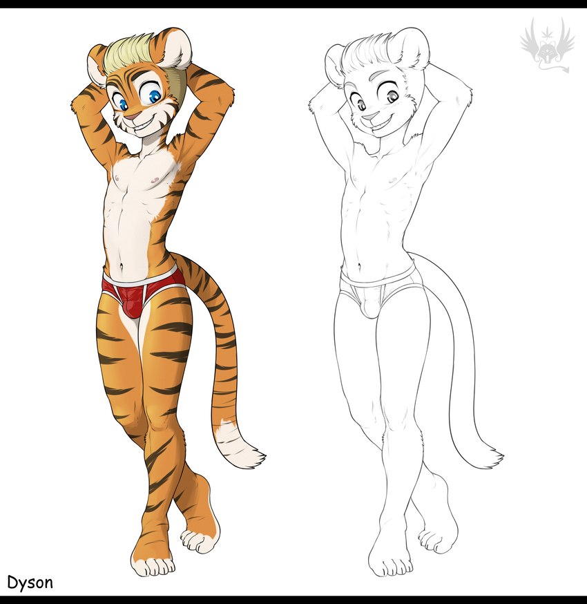 anthro black_bars bulge clothed clothing male simple_background solo topless underwear white_background young young_anthro young_male eldiman dyson_(eldiman) felid mammal pantherine tiger black_and_white hi_res letterbox monochrome