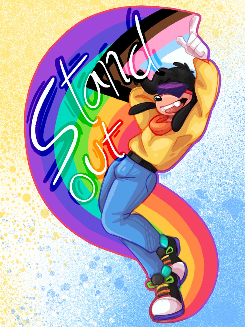 anthro bottomwear buckteeth clothed clothing denim denim_bottomwear denim_clothing eyewear floppy_ears footwear fully_clothed gloves hair handwear jeans lgbt_pride male open_mouth pants pride_colors progressive_pride_flag rainbow_pride_colors shirt shoes simple_background smile solo standing sunglasses teeth text topwear thehiggles disney goof_troop lgbt_pride_month max_goof canid canine canis domestic_dog mammal digital_media_(artwork) english_text hi_res