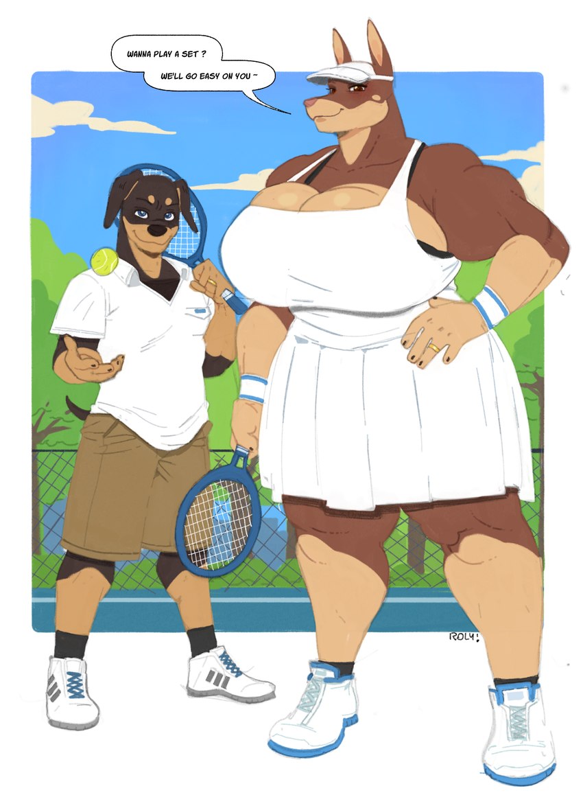 anthro ball big_breasts black_body black_fur blue_eyes bottomwear breasts brown_body brown_eyes brown_fur clothing digit_ring duo female fur huge_breasts husband_and_wife jewelry larger_female male male/female married_couple ring shorts size_difference skirt smaller_male smile sport tennis tennis_ball tennis_court tennis_outfit tennis_racket text wedding_ring roly daniel_porter tracy_porter canid canine canis dobermann domestic_dog mammal pinscher 2024 english_text hi_res