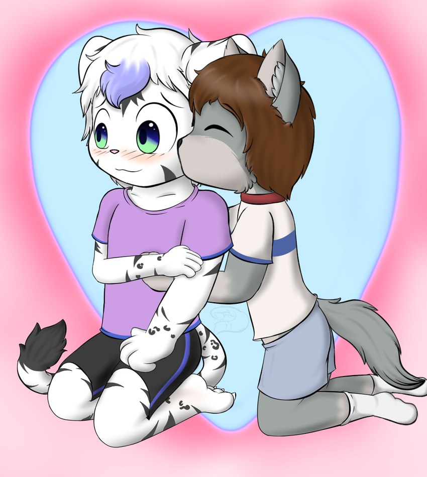 anthro blush clothing duo eyes_closed fur hair heart_(marking) kissing kissing_cheek male male/male markings plantigrade smile white_body white_fur young young_anthro young_male khaimera darkinian canid canine canis felid feline hybrid jaguar mammal pantherine tiger wolf wolfdog hi_res