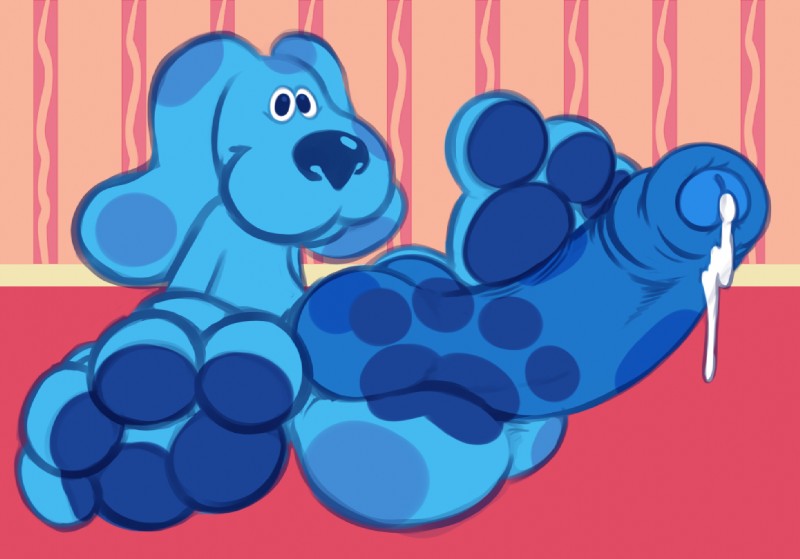 4_toes anthro anthrofied balls baseboard big_balls big_feet big_penis blue_eyes blue_nose blue_pawpads blue_penis bodily_fluids bottomwear clothing crossgender dripping erection feet foreskin ftm_crossgender genital_fluids genitals huge_balls huge_feet huge_penis humanoid_genitalia humanoid_penis hybrid_genitalia hybrid_penis hyper hyper_balls hyper_feet hyper_genitalia hyper_penis knot knotted_humanoid_penis knotted_penis male orange_wall pawpads penis precum precum_drip red_carpet red_floor sitting solo toes wall_(structure) yowesephth blue's_clues nickelodeon blue_(blue's_clues) canid canine mammal colored digital_drawing_(artwork) digital_media_(artwork) unavailable_at_source