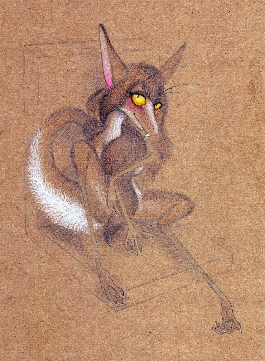 anthro bedroom_eyes blush brown_body brown_fur brown_hair claws convenient_censorship female fur hair looking_at_viewer narrowed_eyes pawpads pupils seductive simple_background sitting slit_pupils smile solo spread_legs spreading tail tail_censorship tail_tuft toe_claws tuft yellow_sclera fuchs out-of-placers kassen_akoll mammal yinglet absurd_res hi_res restricted_palette