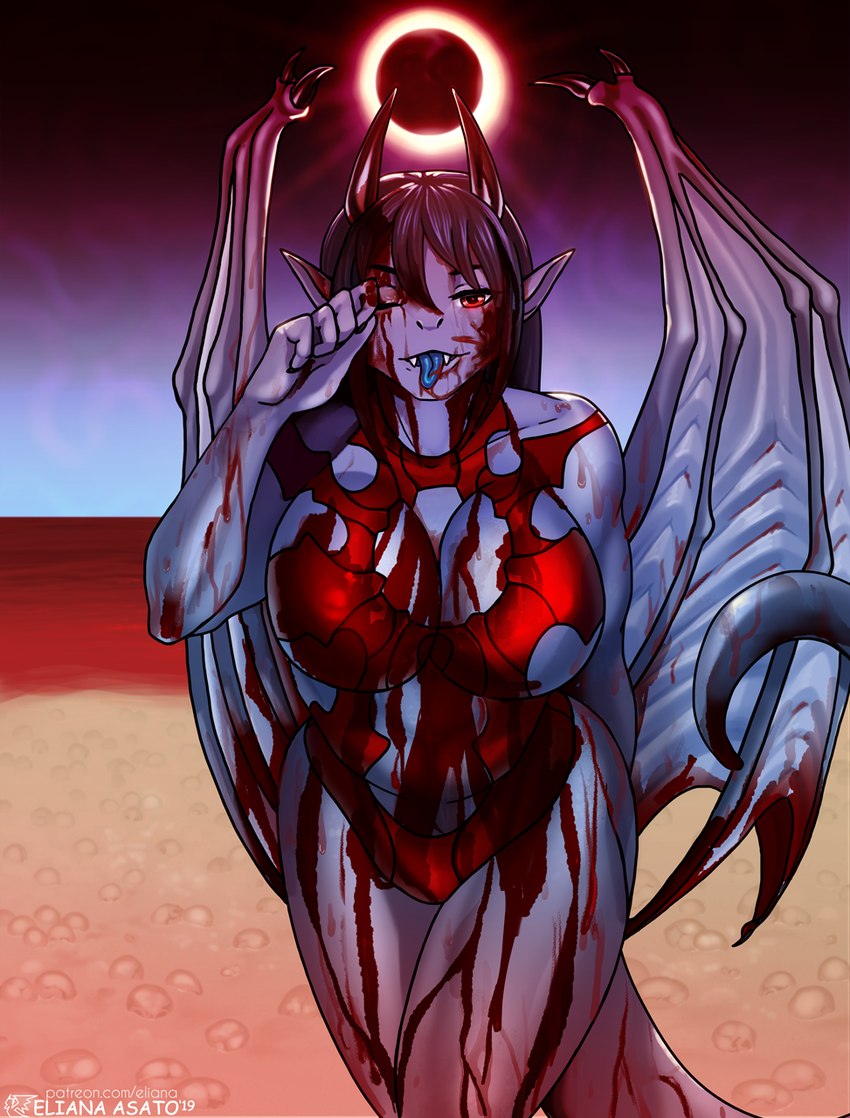 anthro bangs beach big_breasts blood blood_mess blood_moon blood_on_belly blood_on_body blood_on_breasts blood_on_clothing blood_on_face blood_on_hair blood_on_tongue blood_on_wings blue_body blue_hair blue_membrane blue_scales blue_skin blue_tongue bodily_fluids breasts clothed clothed_breasts clothing detailed_background dragon_wings eclipse female hair horizon horn long_hair looking_at_viewer membrane_(anatomy) membranous_wings moon one_eye_closed partially_clothed red_clothing red_eyes red_swimwear red_water scales sea seaside sky smile solo straight_horn swimwear tail tongue tongue_out touching_face water wings eliana-asato mythology ena_(eliana) dragon mythological_creature mythological_scalie scalie digital_media_(artwork) hi_res