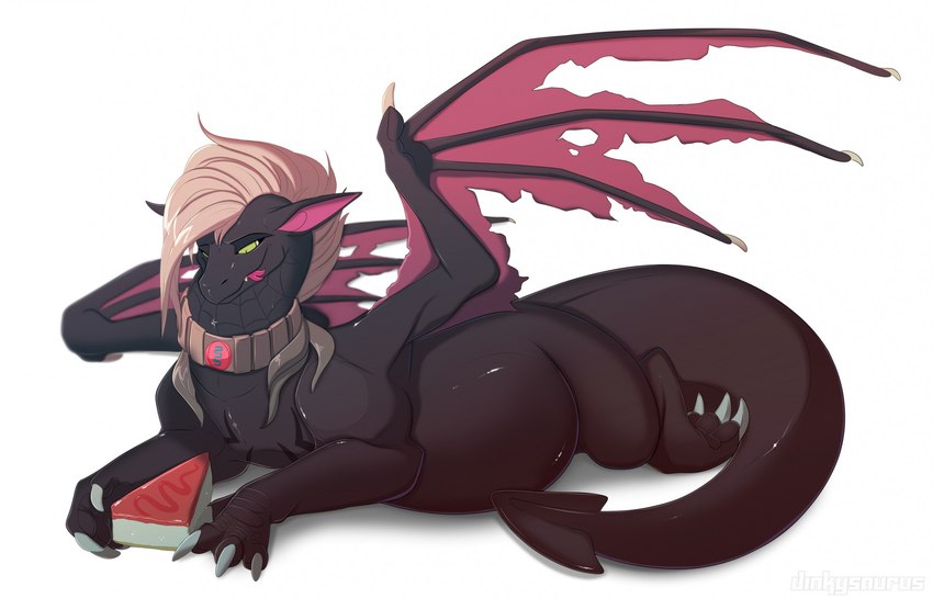 black_body black_scales blonde_hair cake cheesecake claws dessert female feral food green_eyes grey_claws hair pink_tongue scales scaly_tail solo tail tongue dinkysaurus mythology galis dragon mythological_creature mythological_scalie scalie hi_res