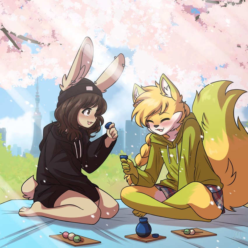 anthro beanie bottomwear brown_hair cherry_blossom clothed clothing crossdressing duo female femboy flower fur hair hat headgear headwear hoodie long_hair male outside plant prunus_(flower) skirt topwear bunnybits conditional_dnp bunnybits_(character) rick_the_gamefox_(rickhol) canid canine fox lagomorph leporid mammal rabbit 1:1 2024 absurd_res hi_res