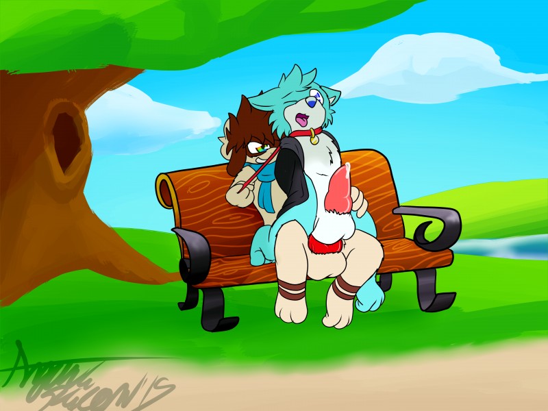 anthro balls bench blue_eyes blue_nose bodily_fluids collar duo erection genital_fluids genitals knot male male/male on_bench one_eye_closed outside park penis precum public red_collar smug tongue tongue_out azuraracon nintendo pokemon azura_racon_(fursona) cyan_fox_cody canid canine fox generation_2_pokemon mammal pokemon_(species) smeargle 4:3 absurd_res hi_res