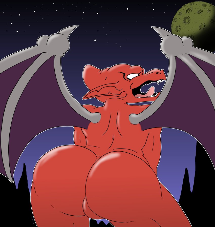 big_butt bubble_butt butt empty_eyes fangs featureless_crotch humanoid_pointy_ears male membrane_(anatomy) membranous_wings moon night nude open_mouth pointy_ears rear_view red_body solo star teeth tongue wings macro710 thatweirdguy capcom demon's_crest gargoyle's_quest ghosts_'n_goblins firebrand demon gargoyle red_arremer absurd_res hi_res