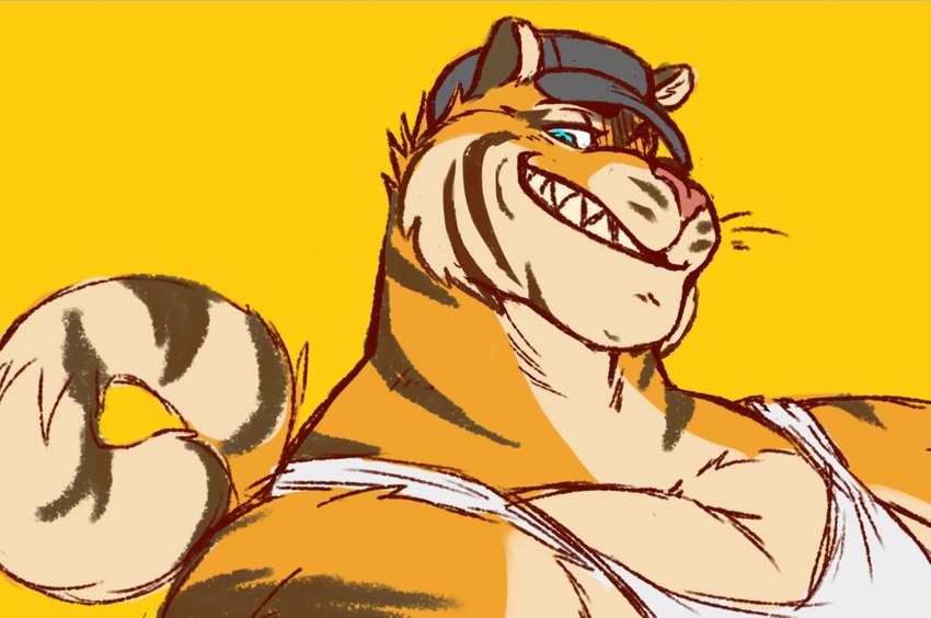 anthro black_stripes blue_eyes clothing fur hat headgear headwear looking_at_viewer male muscular muscular_anthro muscular_male orange_body orange_fur pink_nose sharp_teeth shirt simple_background smile solo stripes tank_top teeth topwear yellow_background sizable_danger xe felid mammal pantherine tiger sketch