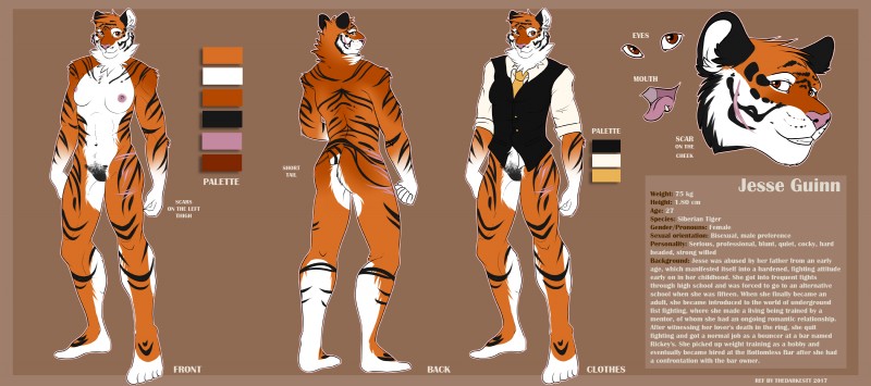 anthro bottomless breasts clothed clothing female genitals muscular muscular_anthro muscular_female navel nipples nude off/on pubes pussy scar solo text tomboy thedarkestt bottomless_bar jesse_guinn felid mammal pantherine tiger 2017 absurd_res english_text hi_res model_sheet