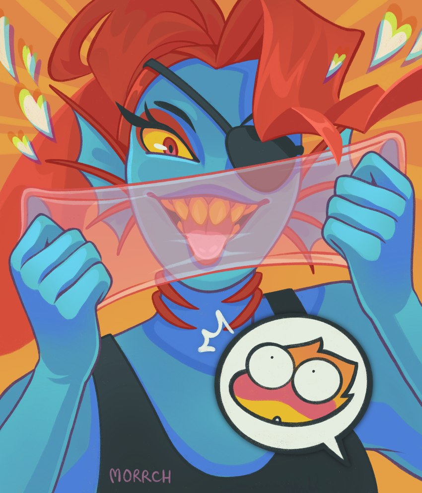 anthro dental_dam eye_patch eyewear female heart_symbol solo teeth_showing tongue tongue_out morrch undertale_(series) alphys undyne fish marine absurd_res hi_res