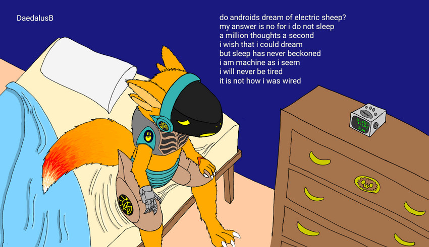 ambiguous_gender anthro bed cybernetic_hand cybernetics dipstick_tail furniture machine markings multicolored_tail poem sad solo tail tail_markings text daedalusb maurice_(daedalusb) protogen english_text