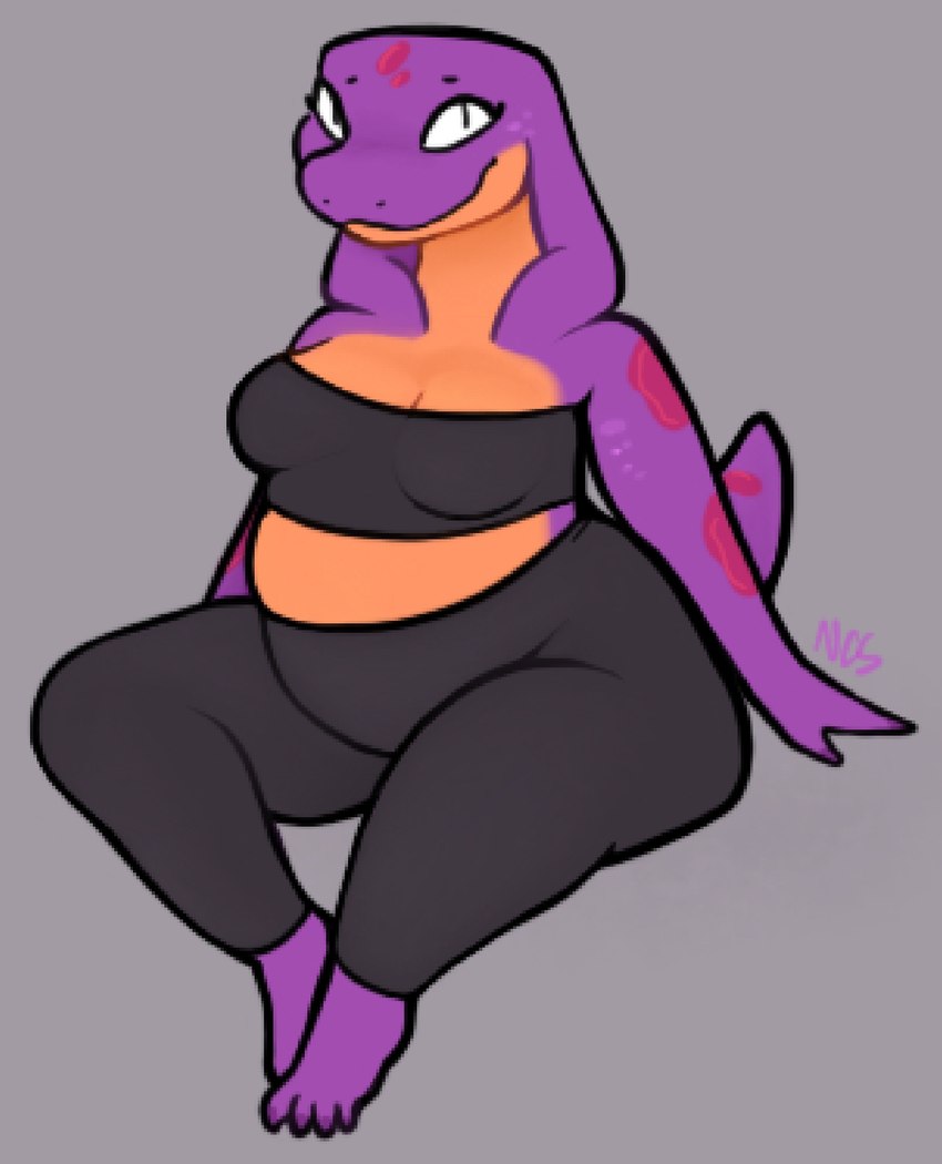 anthro black_clothing bottomwear breasts clothing feet female grey_background multicolored_body pants purple_body simple_background slightly_chubby slightly_chubby_female solo spots tail thick_thighs toes two_tone_body yoga_pants ncs keeshee reptile scalie snake 2024 hi_res