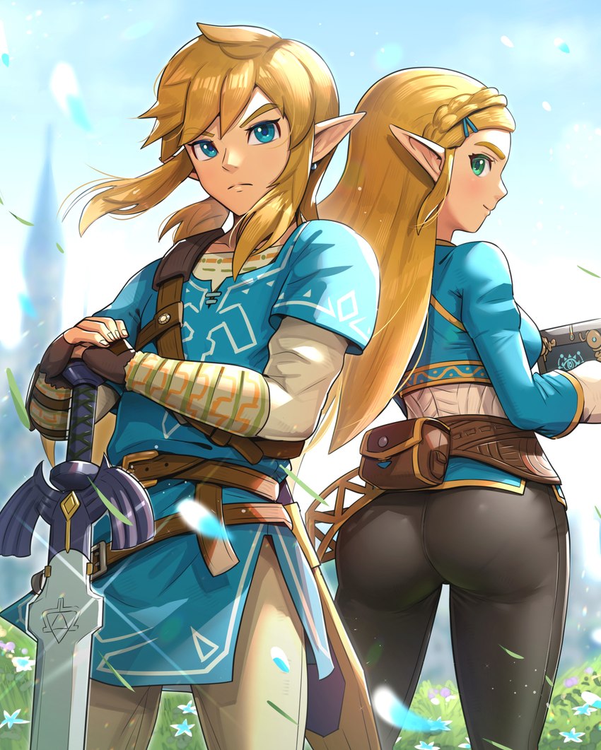 blonde_hair blue_eyes blush breasts butt clothed clothing day duo female fingerless_gloves flower gloves grass green_eyes hair handwear humanoid_pointy_ears looking_at_viewer looking_back male master_sword melee_weapon not_furry panty_lines plant pointy_ears pose rear_view sheikah_slate smile sword tablet_computer weapon gonzarez1938 breath_of_the_wild nintendo the_legend_of_zelda link princess_zelda humanoid hylian hi_res